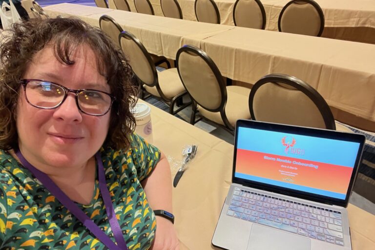 Pauline Lynch Shostack at the Innovative User Group Conference Pauline Lynch Shostack sitting at a table with a laptop.